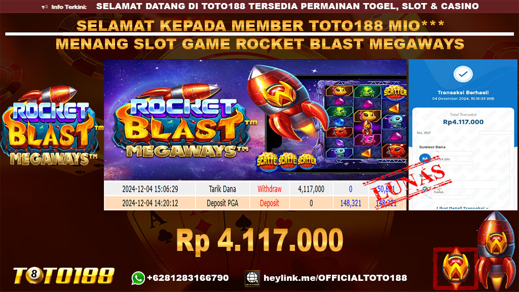 Bukti JP Kemenangan SLOT GAME ROCKET BLAST MEGAWAYS 04 DES 24