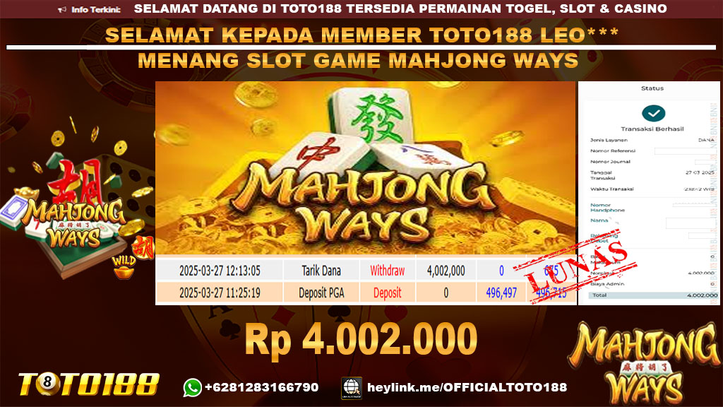 Bukti JP Kemenangan SLOT GAME MAHJONG WAYS 27 MAR 25