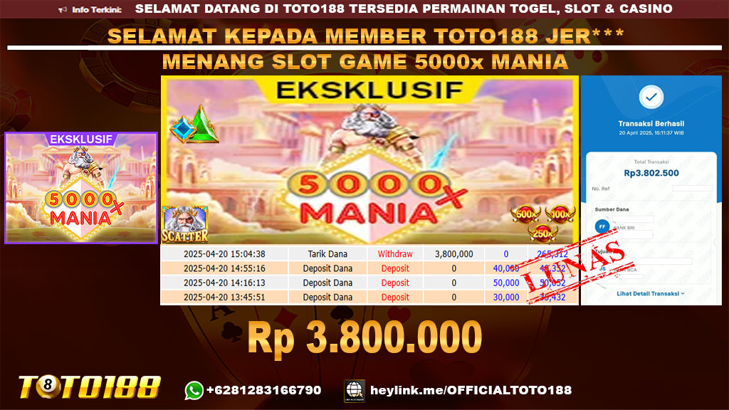 Bukti JP Kemenangan SLOT GAME 5000X MANIA 20 APR 25